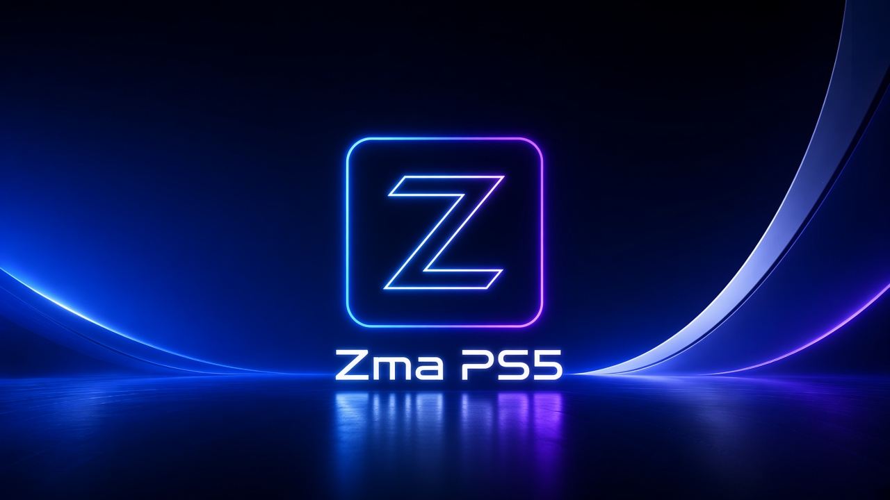 Zma PS5 neon logo on a dark blue stage